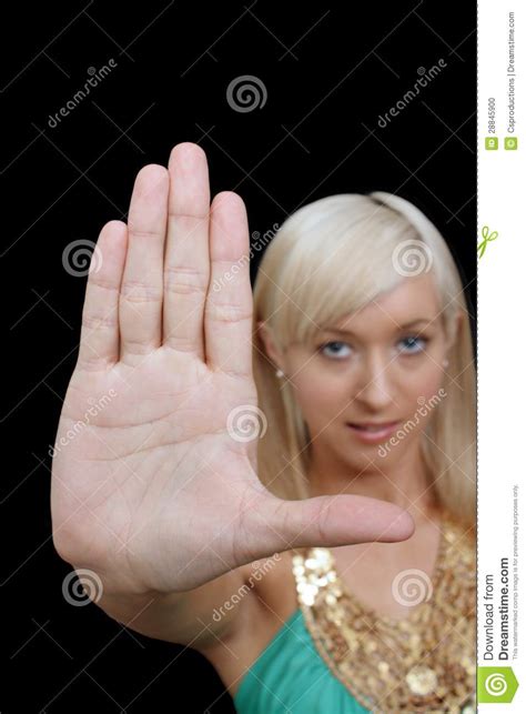 Beautiful Blonde Puts Her Hand Up Stock Photo Image Of Hand Pretty