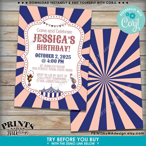 Carnival Birthday Invitation Circus Or Carnival Invite Custom Text And Colors Printable 5x7