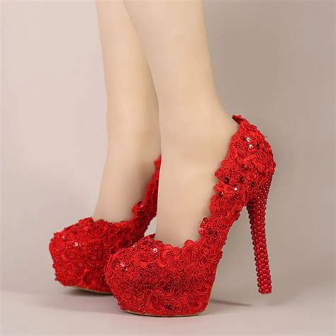 2016 sparkling red pumps celebrity stiletto shoes red bridal high heel flower lace wedding shoes