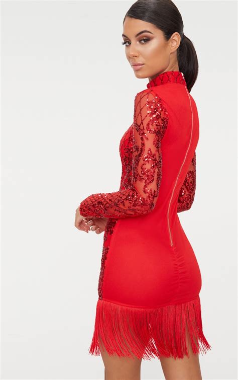 Red Sequin Long Sleeve Tassel Hem Bodycon Dress Prettylittlething Usa