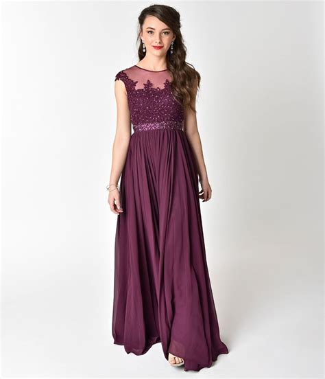 Eggplant Purple Embellished Lace And Chiffon Cap Sleeve Prom Gown Long