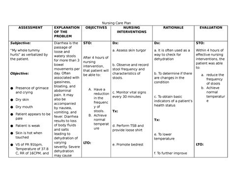 Nursing Care Plan For Diarrhea Nursing Care Plan Assessment Explanation Of The Problem