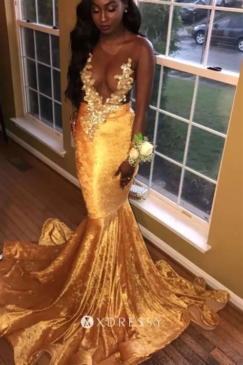 Gold Velvet Lace Appliqued Sheer Sexy Prom Dress Xdressy