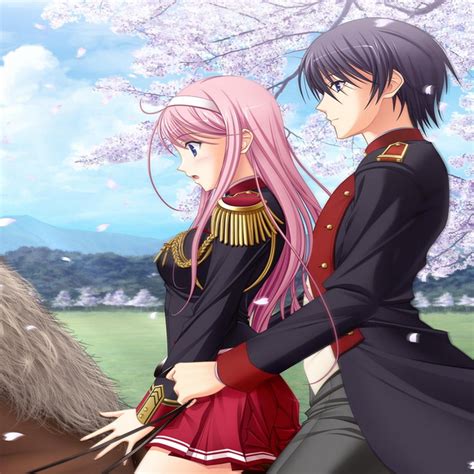 An Anime Couple On A Brown Horse In A Spring Day Wallpaper Download