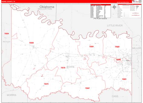 Bowie County Tx Zip Code Wall Map Red Line Style By Marketmaps Mapsales