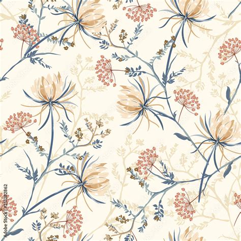 Seamless Pattern Of Soft And Graceful Oriental Blooming Flowers