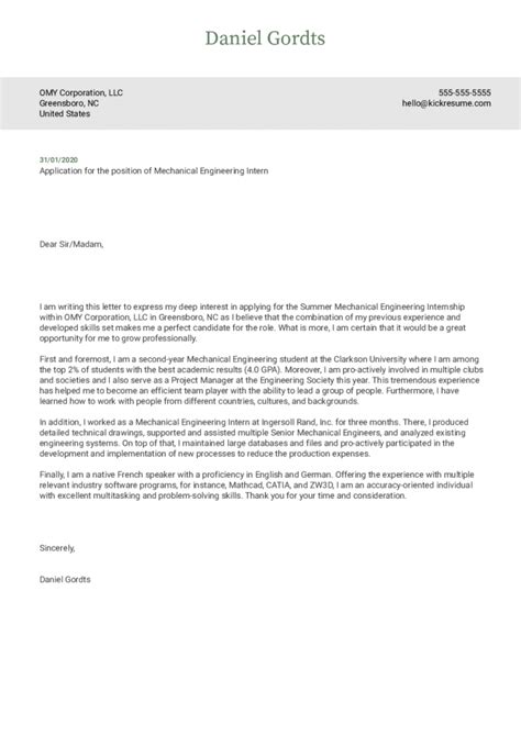 Cover Letter For Internship Engineering