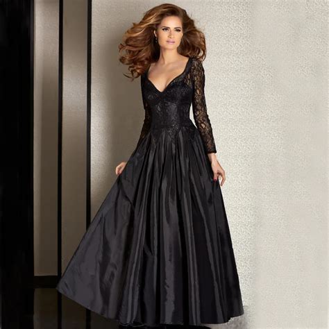 Buy Elegant Black Evening Dresses 2017 V Neck Lace Long Sleeve Floor Length