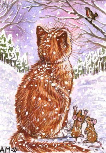 Aceo Ginger Cat Mice Wonder Of Snowflakes Limited Edt Print Painting