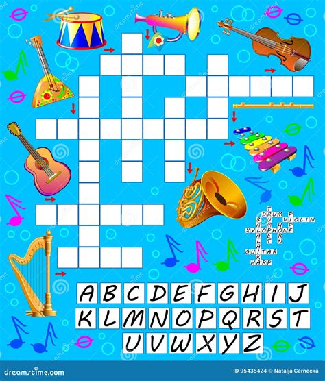 Crossword Puzzle Game with Musical Instruments. Educational Page for