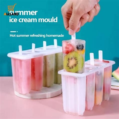 1set 4 Cells Food Grade Pp Plastic Popsicles Mold With Stick Diy Homemade Fruit Juice Ice Pop