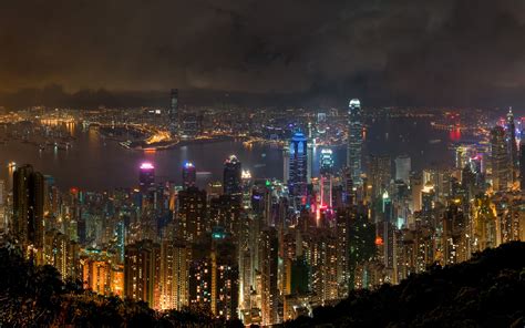 Papel De Parede Luzes Paisagem Urbana Hong Kong Noite Horizonte