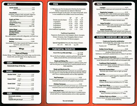 The food was bland and poorly prepared. Takeout Menu - The Golden Arrow