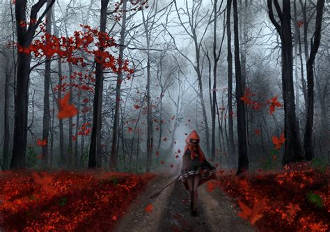 Anime Girl Forest Autumn Tree Red Leaf Road Wallpaper