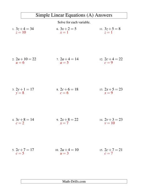 Solutions To Linear Equations Worksheet