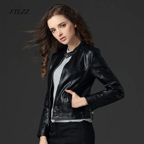 ftlzz spring autumn women pu leather jacket long sleeve casual vintage style biker coat black