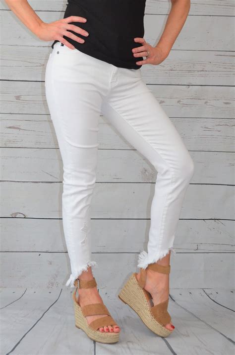 Kancan White Asymmetrical Frayed Hem Skinny Jeans Perfect For Summer