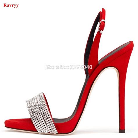 Ravryy Sexy High Heels Shoes Woman Red Rhinestone Wedding Shoes Thin