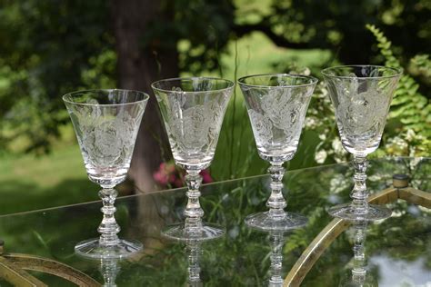 Vintage Acid Etched Crystal Water Goblet Wine Glasses Set Of 4 Fostoria Rose Circa 1950 S
