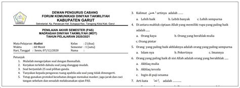 Ada beberapa manfaat yang bisa diambil dalam adanya pelaksanaan ujian akhir semester bagi santri. Soal Ujian Madrasah Diniyah Takmiliyah 2020 Kelas 3 ...