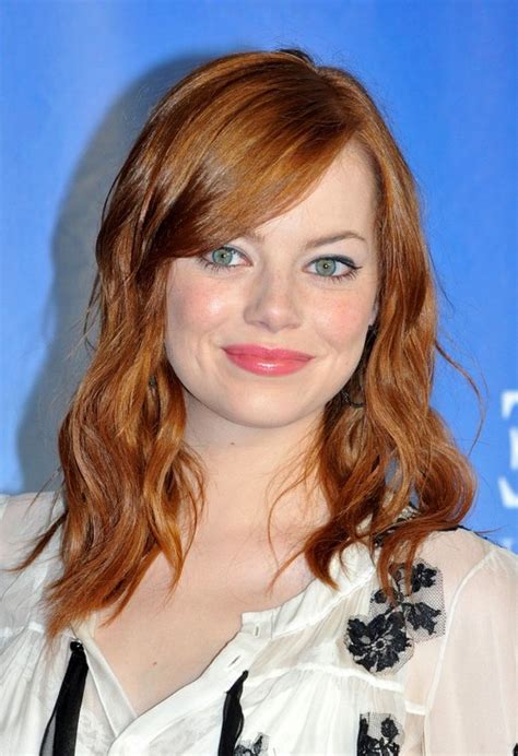 Emma Stone Shoulder Length Red Wavy Hairstyle With Side Swept Bangs