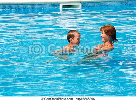 Mother Train Her Son To Swim In The Pool Mother Train Her Son To Swim