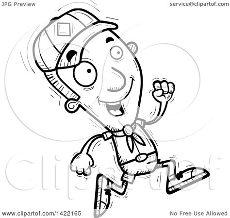 Clipart Of A Cartoon Black And White Lineart Doodled Boy Scout Running