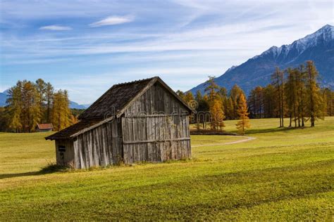 Old Wooden Hut In Mountain At Rural Fall Landscape Mieminger Plateau