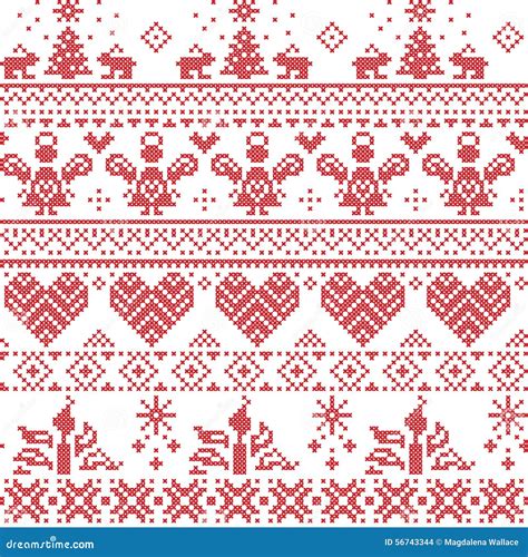 Scandinavian Nordic Christmas Seamless Cross Stitch Pattern With Angels