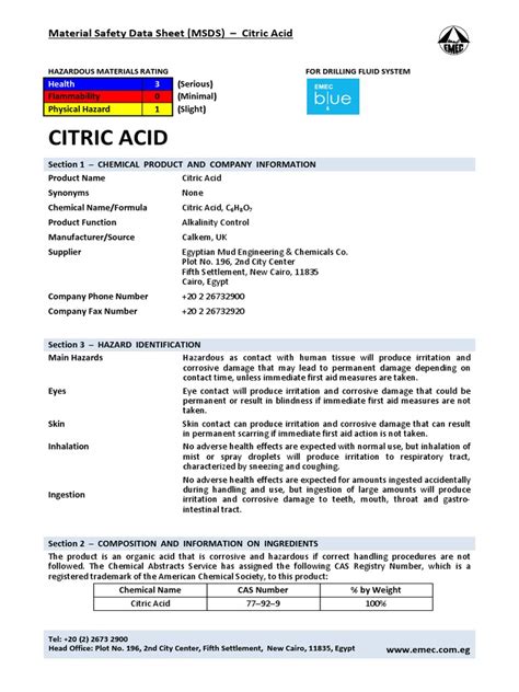 Material Safety Data Sheet Msds Citric Acid Pdf Dangerous Goods