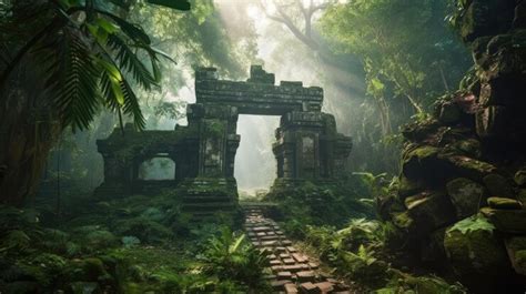 Premium Photo A Mysterious Jungle With A Stone Arch And A Stone Gate