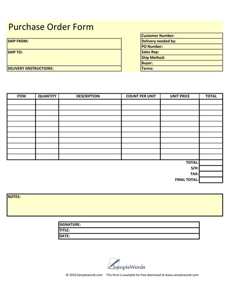 Free Printable Blank Purchase Order Form