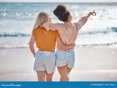 Woman Friends And Hug In Relax At The Beach For Summer Vacation