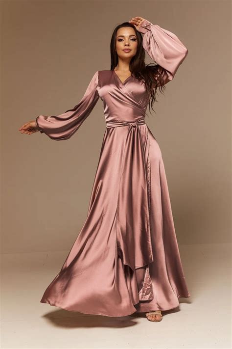 Rose Gold Silk Wrap Flared Dress Long Sleevebridesmaid Dress Etsy