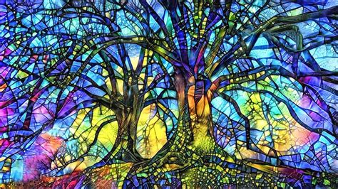 Tree Of Life Tree Art Print Stained Glass Trees Abstract Etsy