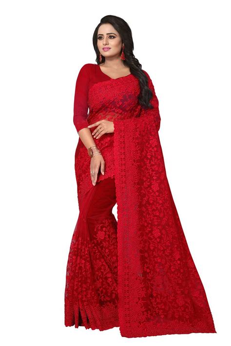 Red Embroidered Net Saree With Blouse Kad Creations 3020868