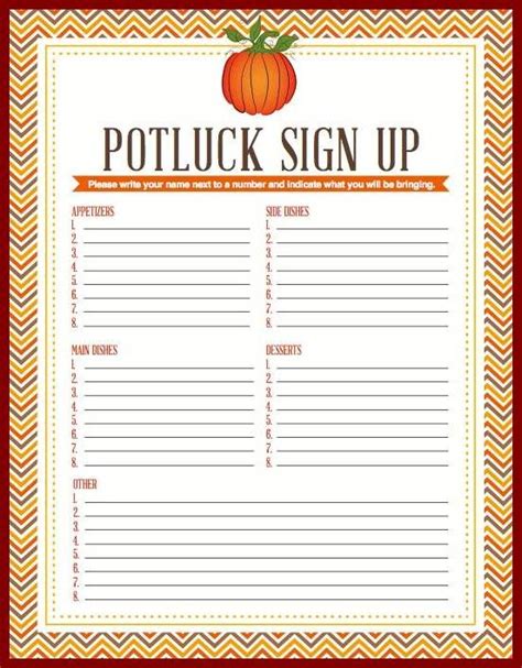 Potluck Sign Up Sheet Free Download Printable