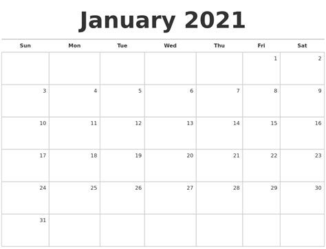 January 2021 Calendar Pdf Download January 2021 Calendar Printable