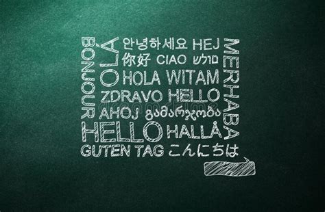 Greeting Words In Foreign Languages Written On Green Chalkboard Stock