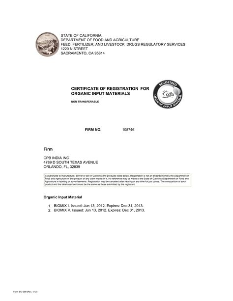 Cdfa Certificate