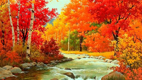 Обои на компьютер осень скачать Autumn Painting Waterfall Paintings