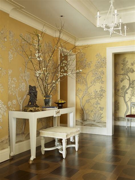 Golden Yellow Botanical Wallpaper Foyer Interiors By Color