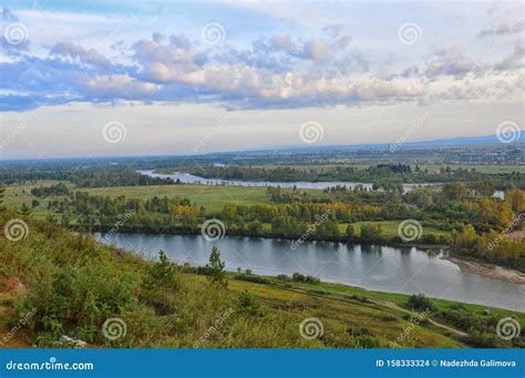Panoramic Aerial View Of The Siberian River Valley Scenery Autumn Day