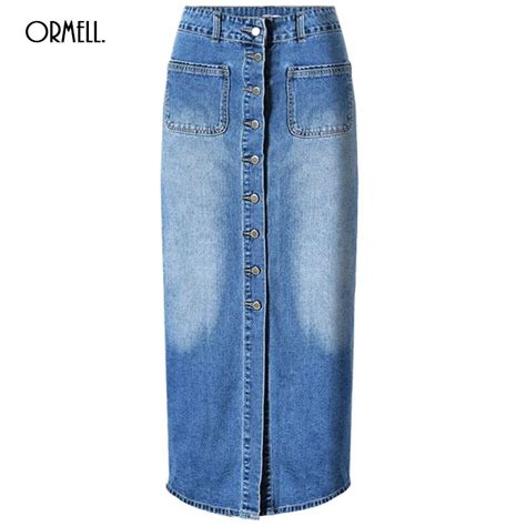 Ormell Long Jeans Skirt 2017 Spring Summer Women Slit Skirts Straight Casual Denim Saias Plus