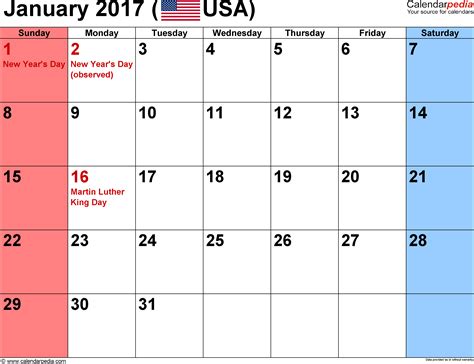 January 2017 Calendar Templates For Word Excel And Pdf