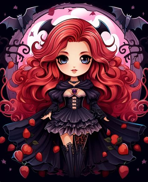 Premium Ai Image Anime Girl With Red Hair And Black Dress With Bats