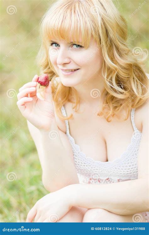 Woman With Strawberries Stock Photo Image Of Girl Meadow