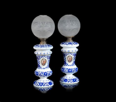 bonhams two polychrome and gilt decorated opaline glass lamps depicting nasr al din shah qajar