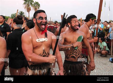 A New Zealand Maori Indigenous Men In Native Costume Performs The Kapa Haka Warrior Dance During