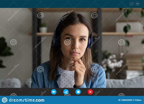 Pensive Woman In Headphones Have Webcam Call Stock Image Image Of Business Distant 198639995